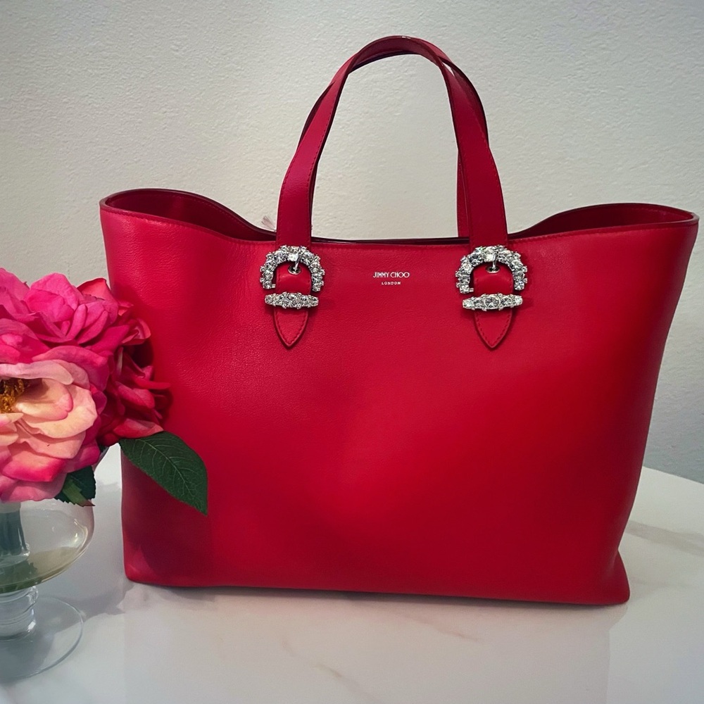 JIMMY CHOO CHERI TOTE in RED LAMBSKIN LEATHER AND CRYSTAL EMBELLISHED BUCKLES